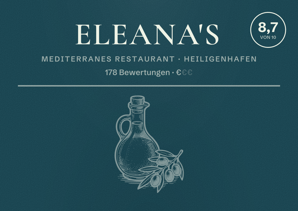 Illustriertes Poster von Eleana's, Mediterranes Restaurant in Heiligenhafen: Bewertung 8,7 von 10 aus 178 Bewertungen, Preisniveau €