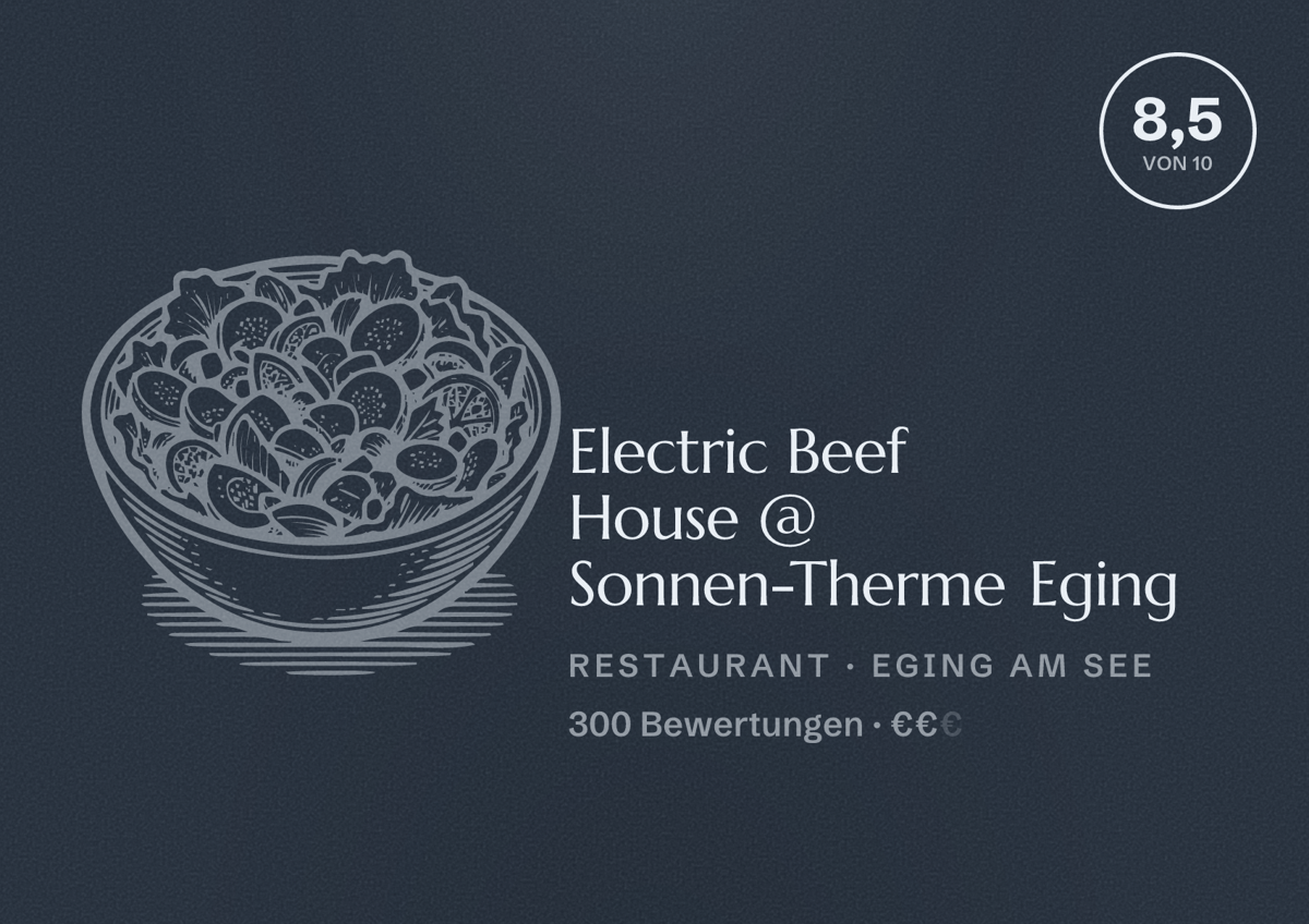 Illustriertes Poster von Electric Beef House @ Sonnen-Therme Eging, Restaurant in Eging am See: Bewertung 8,5 von 10 aus 300 Bewertungen, Preisniveau €€