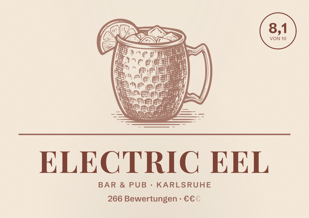 Illustriertes Poster von Electric Eel, Bar & Pub in Karlsruhe: Bewertung 8,1 von 10 aus 266 Bewertungen, Preisniveau €€