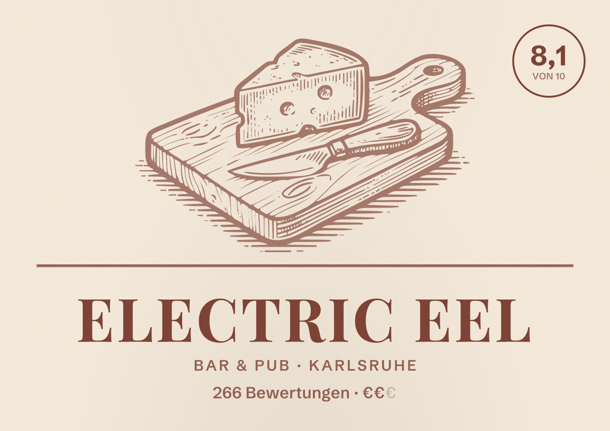 Illustriertes Poster von Electric Eel, Bar & Pub in Karlsruhe: Bewertung 8,1 von 10 aus 266 Bewertungen, Preisniveau €€