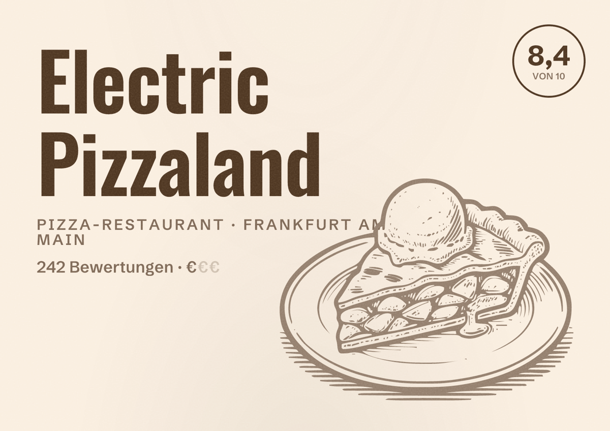 Illustriertes Poster von Electric Pizzaland, Pizza-Restaurant in Frankfurt am Main: Bewertung 8,4 von 10 aus 242 Bewertungen, Preisniveau €