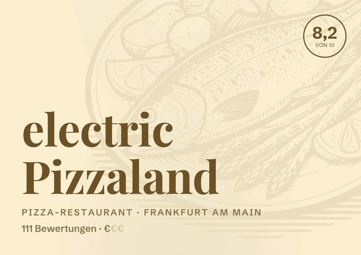 Illustriertes Poster von electric Pizzaland, Pizza-Restaurant in Frankfurt am Main: Bewertung 8,2 von 10 aus 111 Bewertungen, Preisniveau €