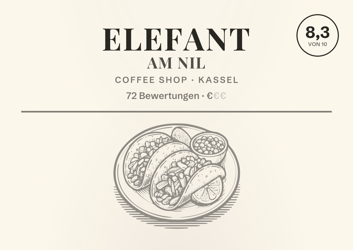 Illustriertes Poster von Elefant Am Nil, Coffee Shop in Kassel: Bewertung 8,3 von 10 aus 72 Bewertungen, Preisniveau €