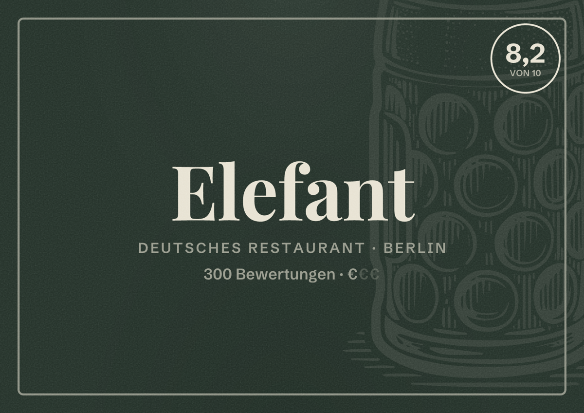 Illustriertes Poster von Elefant, Deutsches Restaurant in Berlin: Bewertung 8,2 von 10 aus 300 Bewertungen, Preisniveau €