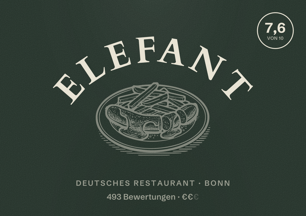 Illustriertes Poster von Elefant, Deutsches Restaurant in Bonn: Bewertung 7,6 von 10 aus 493 Bewertungen, Preisniveau €€