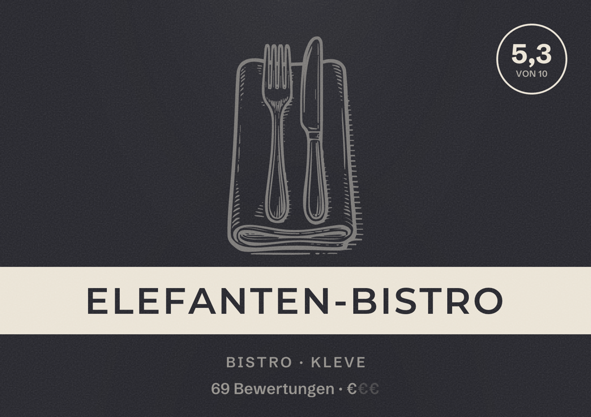 Illustriertes Poster von Elefanten-Bistro, Bistro in Kleve: Bewertung 5,3 von 10 aus 69 Bewertungen, Preisniveau €