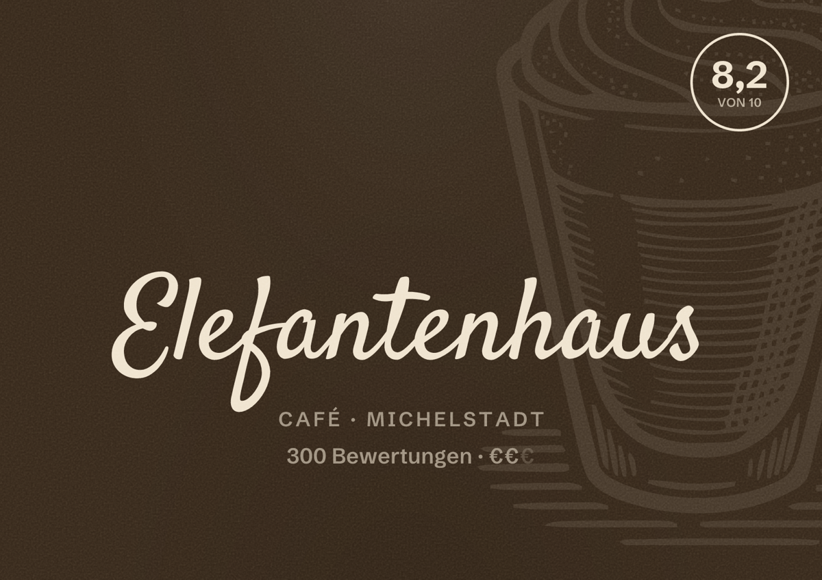 Illustriertes Poster von Elefantenhaus, Café in Michelstadt: Bewertung 8,2 von 10 aus 300 Bewertungen, Preisniveau €€