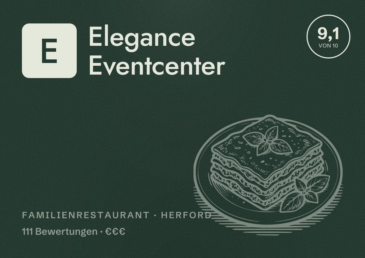 Illustriertes Poster von Elegance Eventcenter, Familienrestaurant in Herford: Bewertung 9,1 von 10 aus 111 Bewertungen, Preisniveau €€€