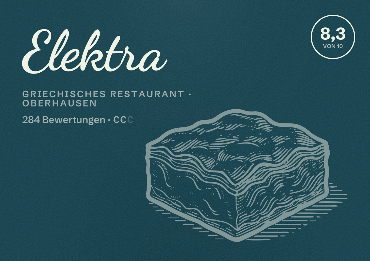 Illustriertes Poster von Elektra, Griechisches Restaurant in Oberhausen: Bewertung 8,3 von 10 aus 284 Bewertungen, Preisniveau €€