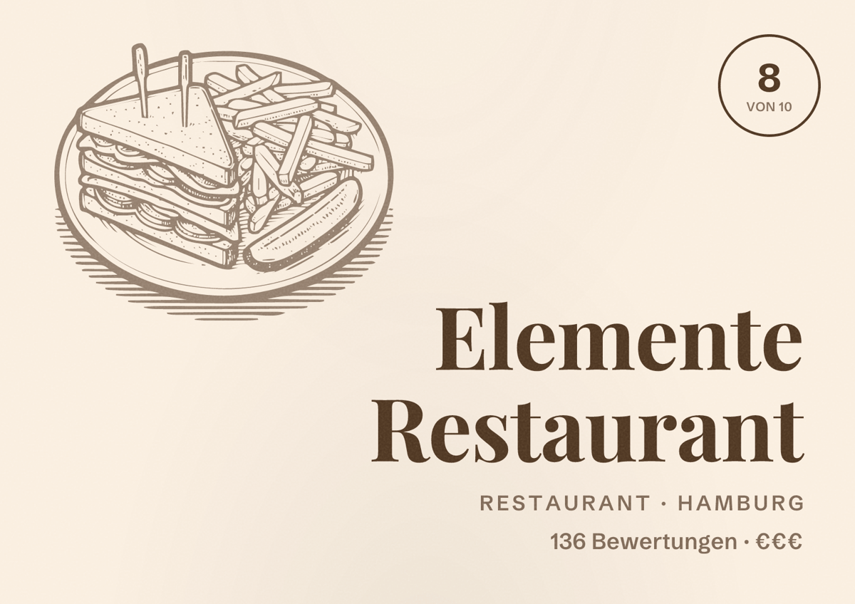 Illustriertes Poster von Elemente Restaurant, Restaurant in Hamburg: Bewertung 8,0 von 10 aus 136 Bewertungen, Preisniveau €€€