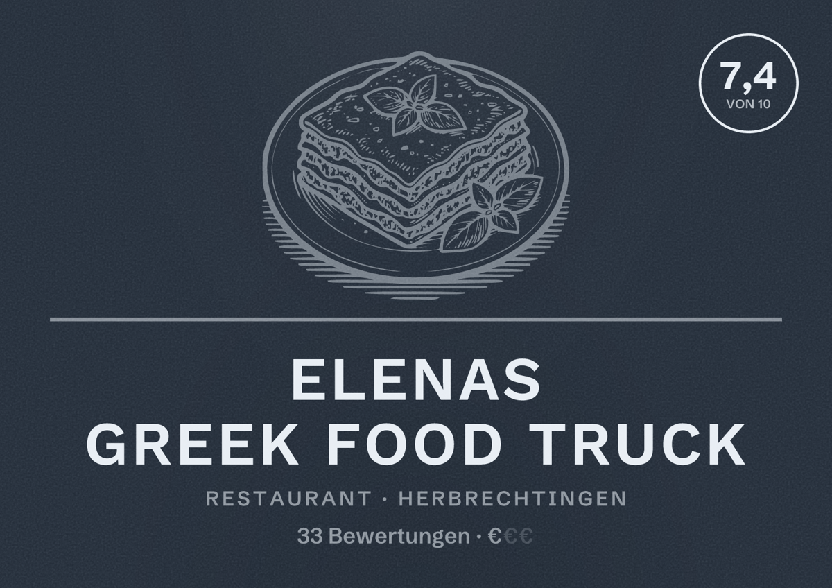 Illustriertes Poster von Elenas Greek food truck, Restaurant in Herbrechtingen: Bewertung 7,4 von 10 aus 33 Bewertungen, Preisniveau €