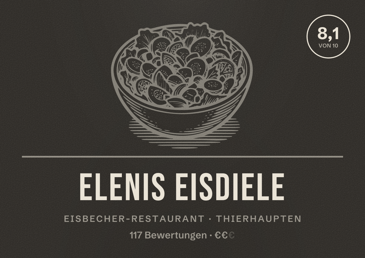 Illustriertes Poster von Elenis Eisdiele, Eisbecher-Restaurant in Thierhaupten: Bewertung 8,1 von 10 aus 117 Bewertungen, Preisniveau €€