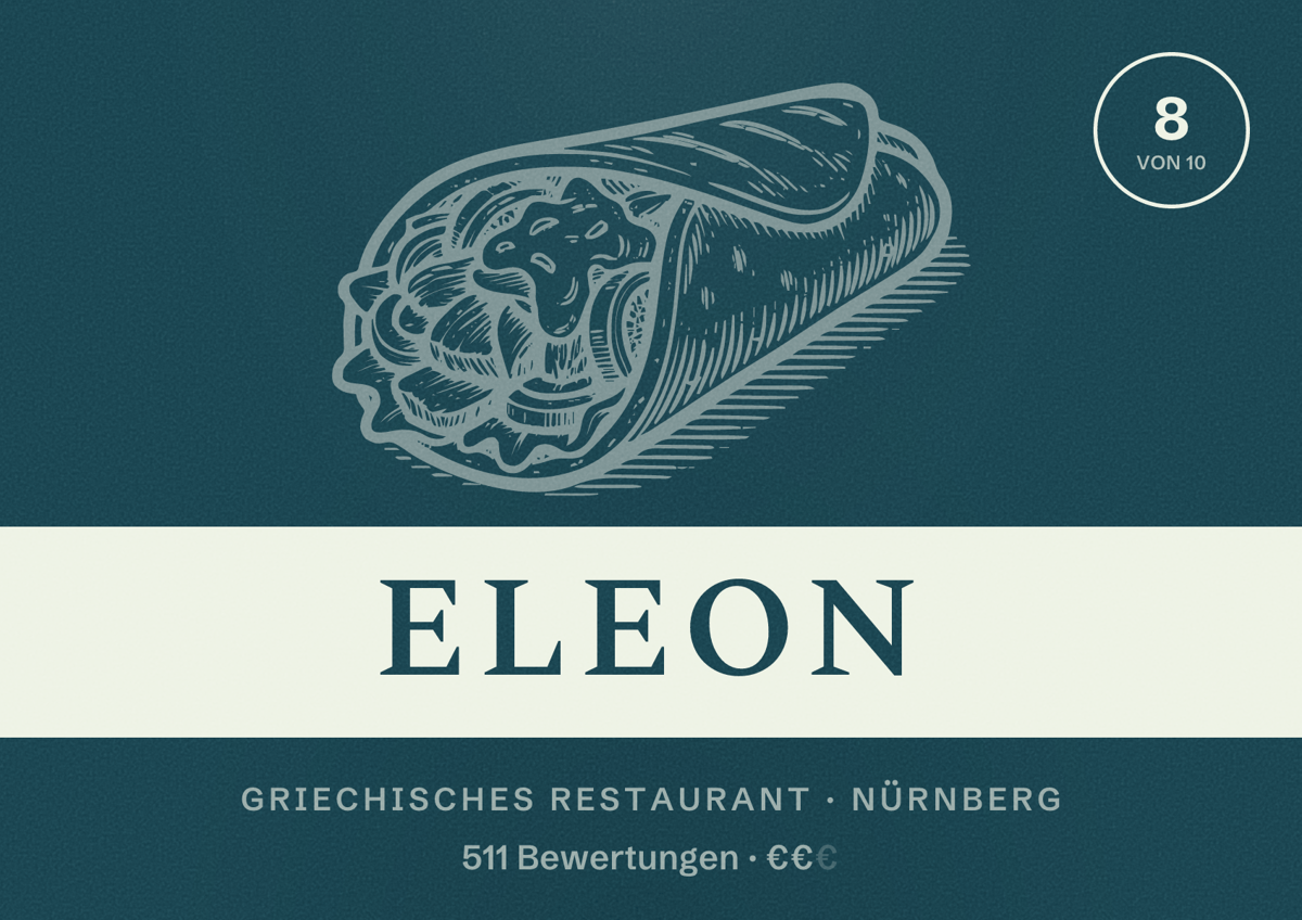 Illustriertes Poster von Eleon, Griechisches Restaurant in Nürnberg: Bewertung 8,0 von 10 aus 511 Bewertungen, Preisniveau €€