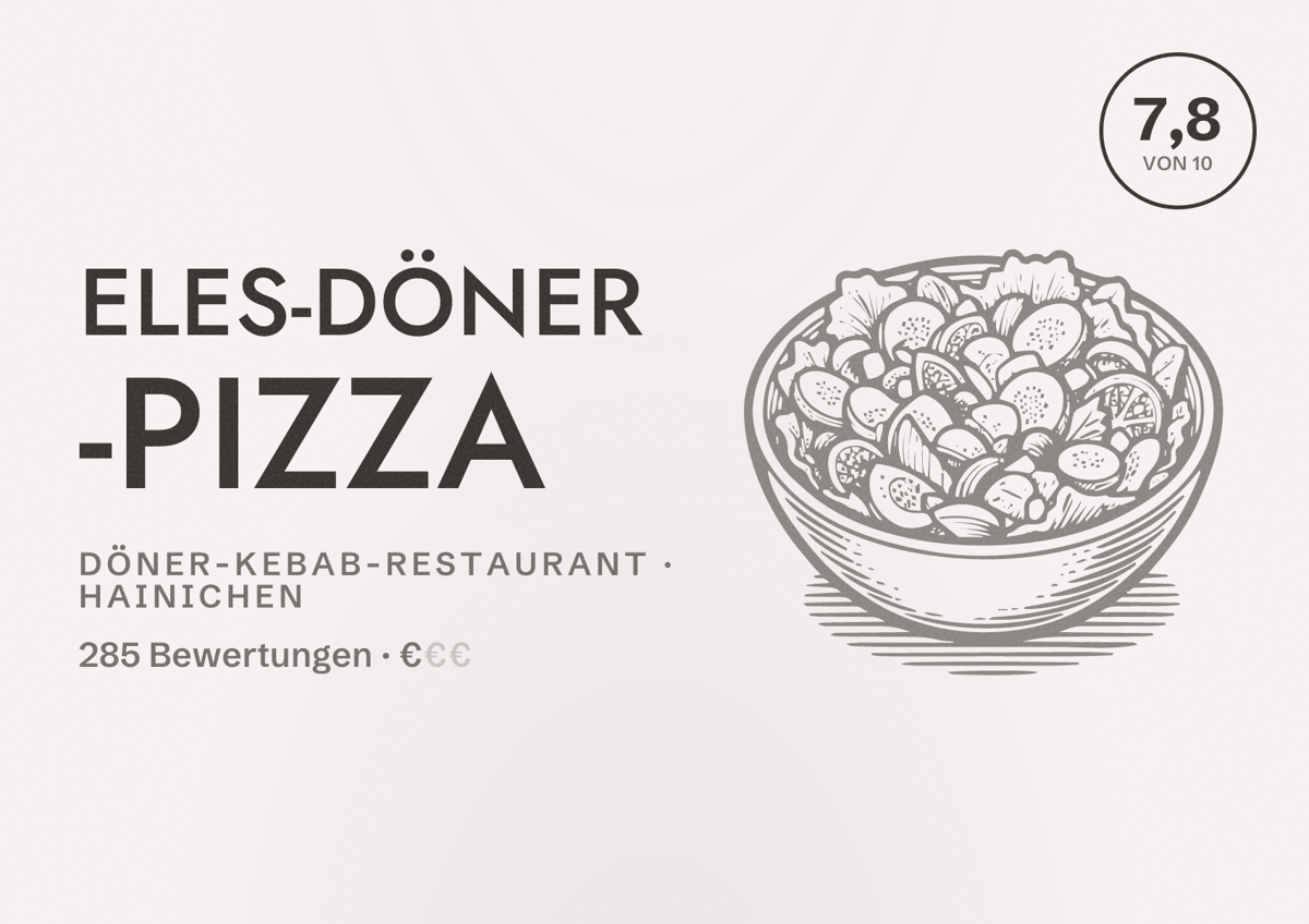 Illustriertes Poster von Eles-Döner -Pizza, Döner-Kebab-Restaurant in Hainichen: Bewertung 7,8 von 10 aus 285 Bewertungen, Preisniveau €