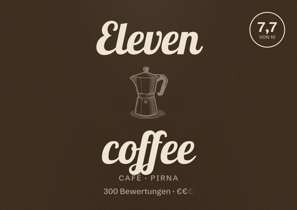 Illustriertes Poster von Eleven coffee, Café in Pirna: Bewertung 7,7 von 10 aus 300 Bewertungen, Preisniveau €€
