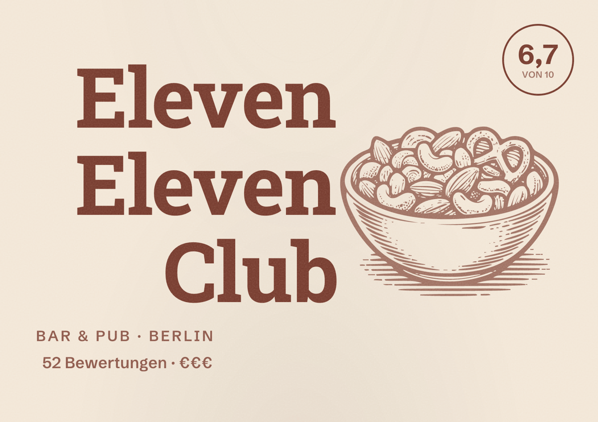 Illustriertes Poster von Eleven Eleven Club, Bar & Pub in Berlin: Bewertung 6,7 von 10 aus 52 Bewertungen, Preisniveau €€€
