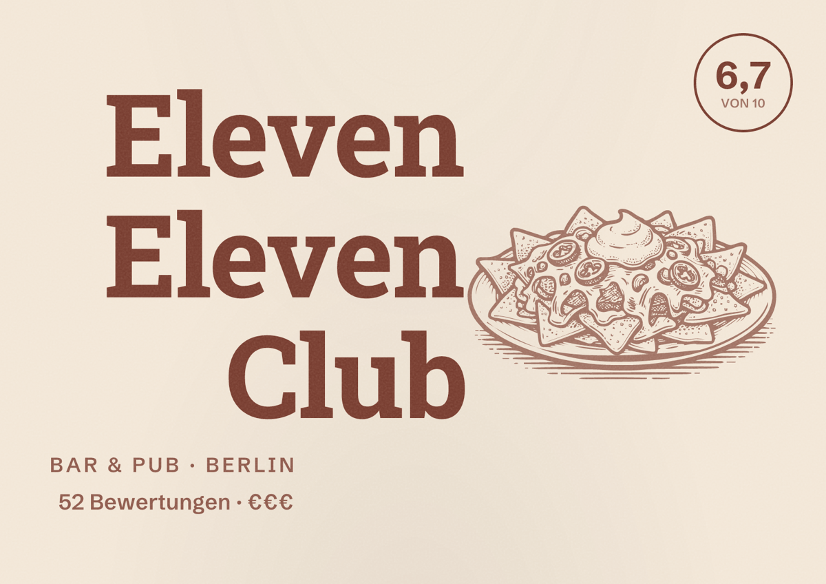 Illustriertes Poster von Eleven Eleven Club, Bar & Pub in Berlin: Bewertung 6,7 von 10 aus 52 Bewertungen, Preisniveau €€€