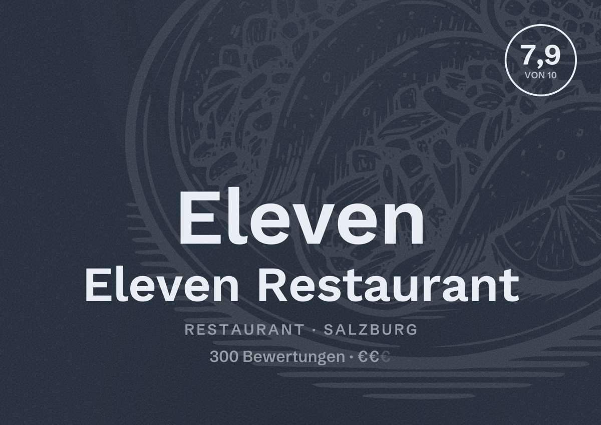 Illustriertes Poster von Eleven Eleven Restaurant, Restaurant in Salzburg: Bewertung 7,9 von 10 aus 300 Bewertungen, Preisniveau €€