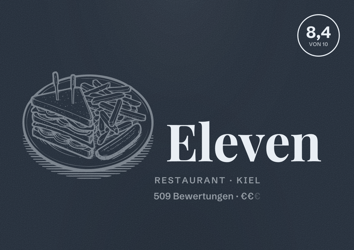 Illustriertes Poster von Eleven, Restaurant in Kiel: Bewertung 8,4 von 10 aus 509 Bewertungen, Preisniveau €€