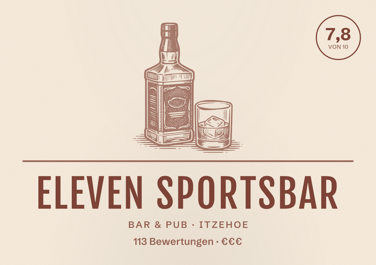 Illustriertes Poster von Eleven Sportsbar, Bar & Pub in Itzehoe: Bewertung 7,8 von 10 aus 113 Bewertungen, Preisniveau €€€