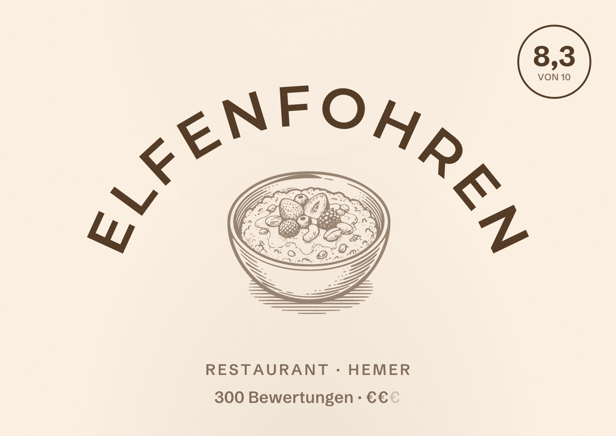 Illustriertes Poster von Elfenfohren, Restaurant in Hemer: Bewertung 8,3 von 10 aus 300 Bewertungen, Preisniveau €€