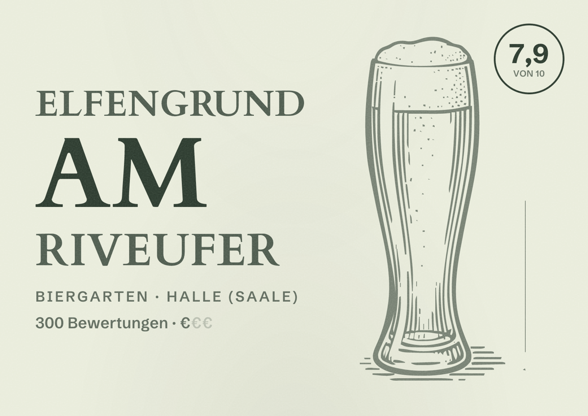 Illustriertes Poster von Elfengrund am Riveufer, Biergarten in Halle (Saale): Bewertung 7,9 von 10 aus 300 Bewertungen, Preisniveau €
