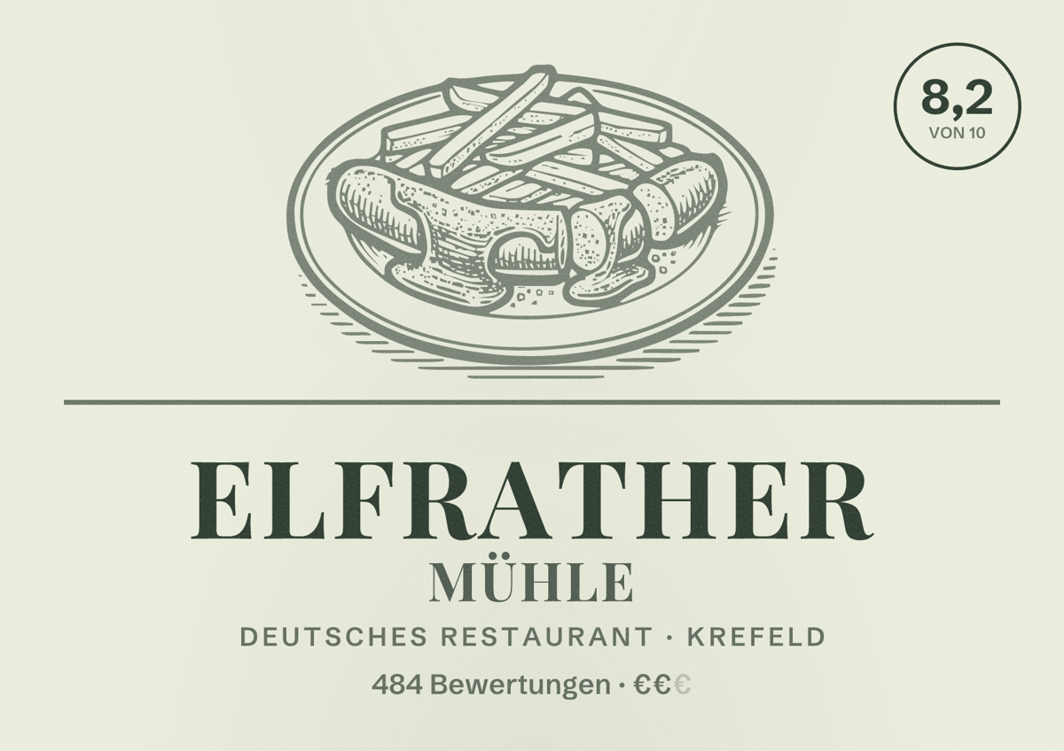 Illustriertes Poster von Elfrather Mühle, Deutsches Restaurant in Krefeld: Bewertung 8,2 von 10 aus 484 Bewertungen, Preisniveau €€