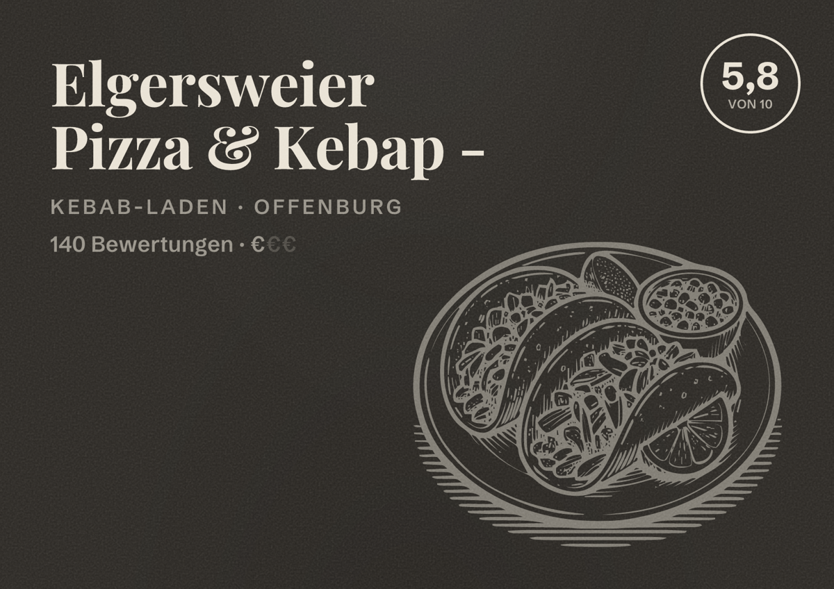 Illustriertes Poster von Elgersweier Pizza & Kebap -, Kebab-Laden in Offenburg: Bewertung 5,8 von 10 aus 140 Bewertungen, Preisniveau €