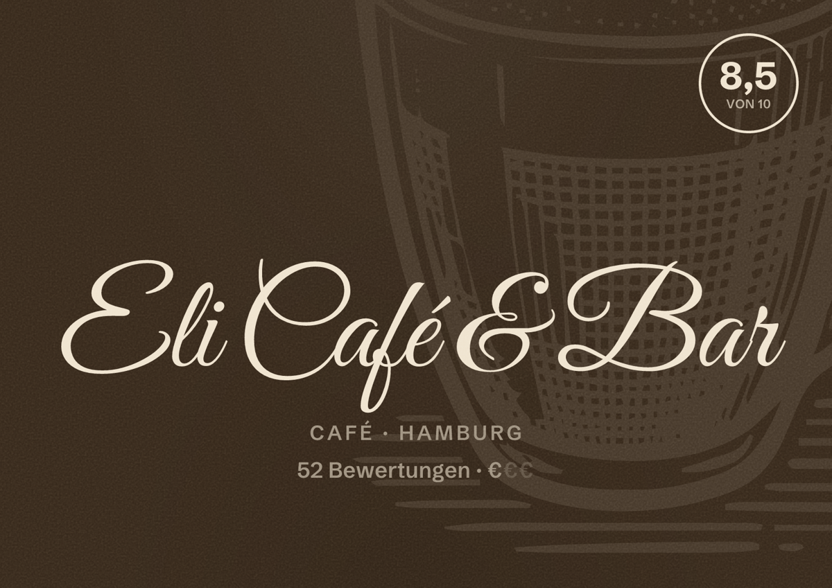 Illustriertes Poster von Eli Café & Bar, Café in Hamburg: Bewertung 8,5 von 10 aus 52 Bewertungen, Preisniveau €