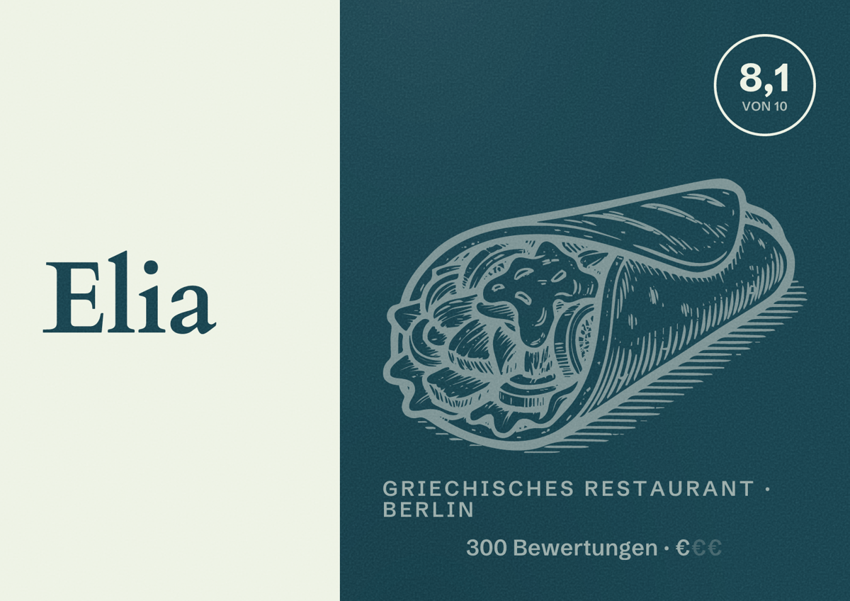 Illustriertes Poster von Elia, Griechisches Restaurant in Berlin: Bewertung 8,1 von 10 aus 300 Bewertungen, Preisniveau €