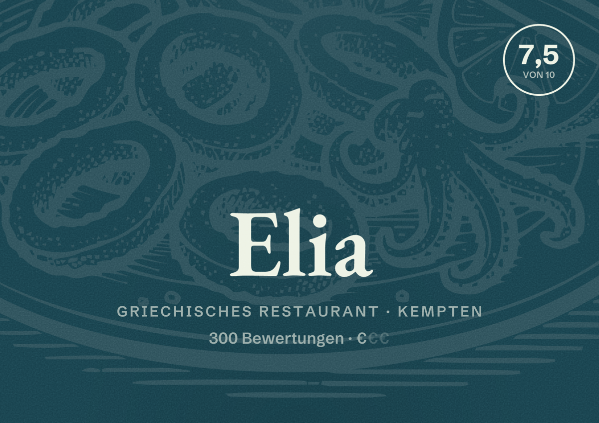 Illustriertes Poster von Elia, Griechisches Restaurant in Kempten: Bewertung 7,5 von 10 aus 300 Bewertungen, Preisniveau €