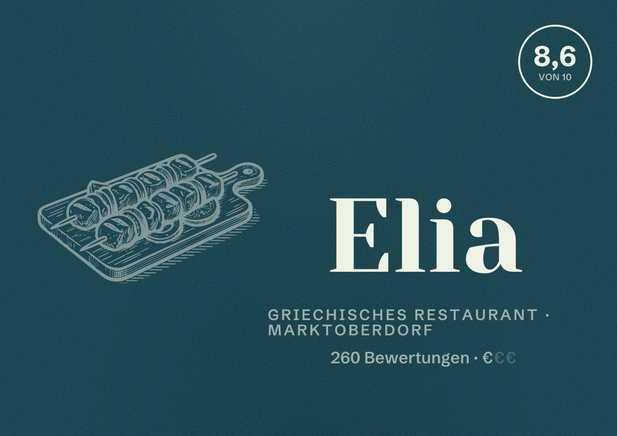Illustriertes Poster von Elia, Griechisches Restaurant in Marktoberdorf: Bewertung 8,6 von 10 aus 260 Bewertungen, Preisniveau €