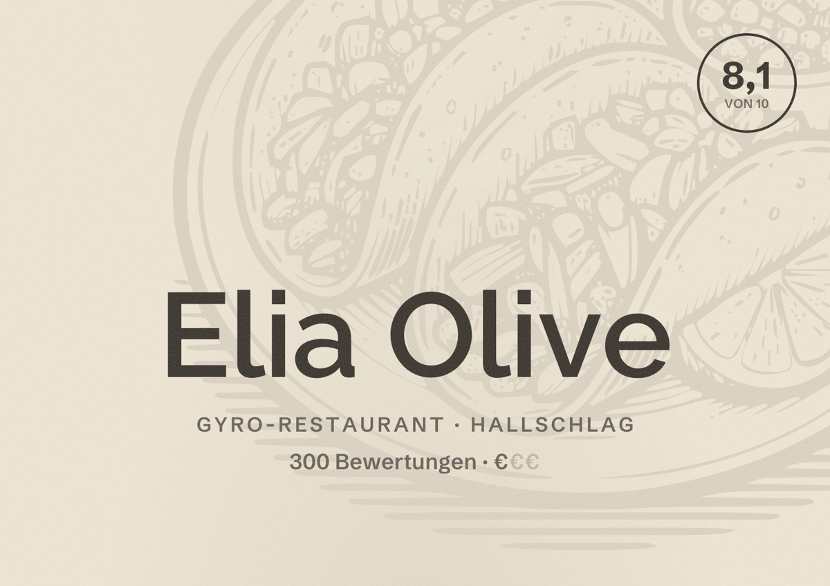 Illustriertes Poster von Elia Olive, Gyro-Restaurant in Hallschlag: Bewertung 8,1 von 10 aus 300 Bewertungen, Preisniveau €
