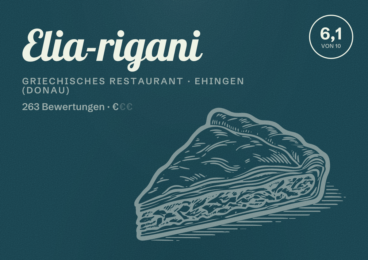 Illustriertes Poster von Elia-rigani, Griechisches Restaurant in Ehingen (Donau): Bewertung 6,1 von 10 aus 263 Bewertungen, Preisniveau €