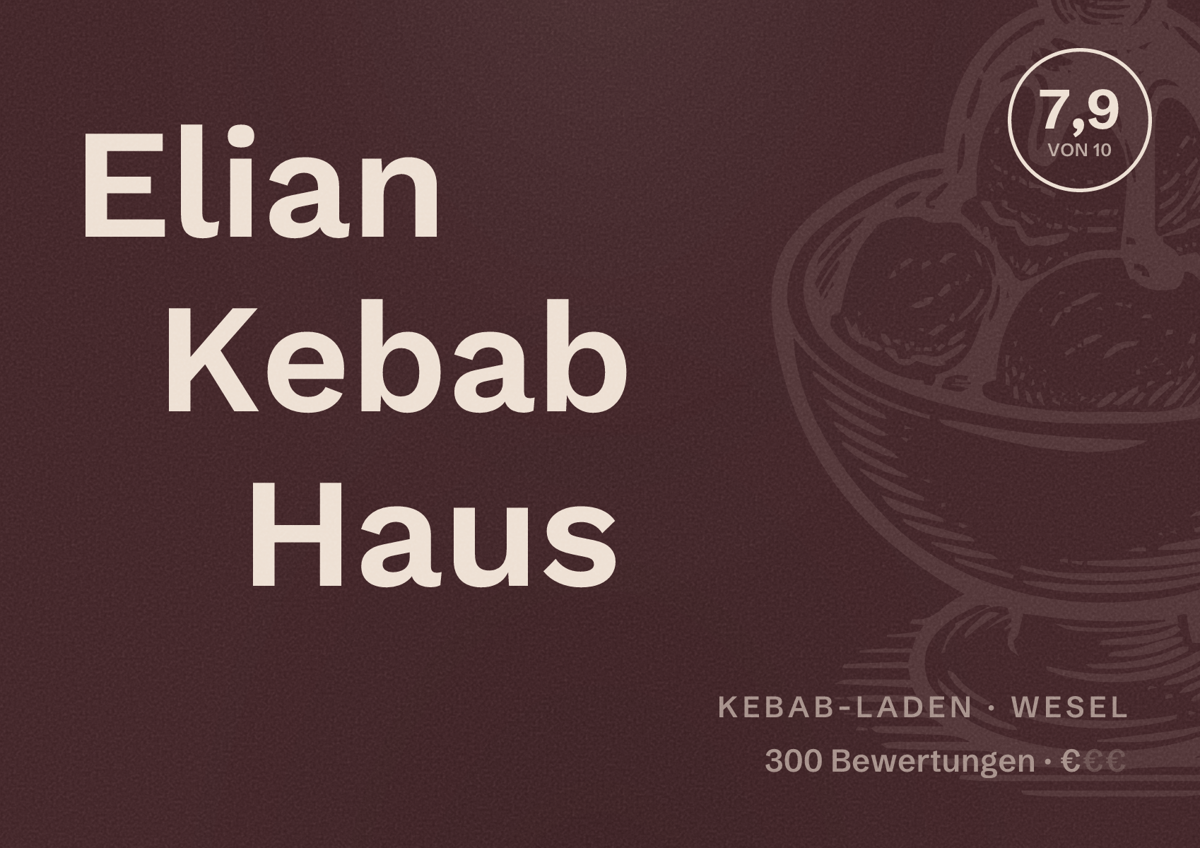 Illustriertes Poster von Elian Kebab Haus, Kebab-Laden in Wesel: Bewertung 7,9 von 10 aus 300 Bewertungen, Preisniveau €