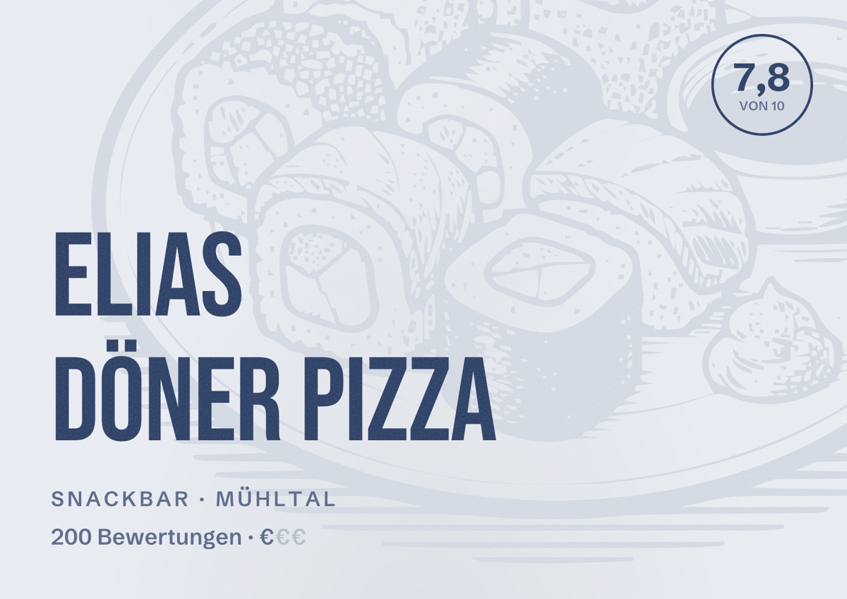 Illustriertes Poster von Elias Döner Pizza, Snackbar in Mühltal: Bewertung 7,8 von 10 aus 200 Bewertungen, Preisniveau €