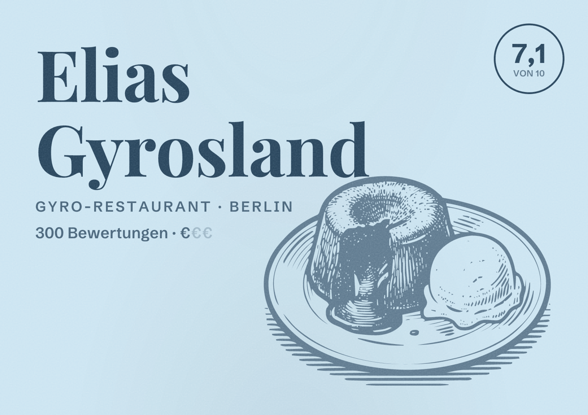Illustriertes Poster von Elias Gyrosland, Gyro-Restaurant in Berlin: Bewertung 7,1 von 10 aus 300 Bewertungen, Preisniveau €