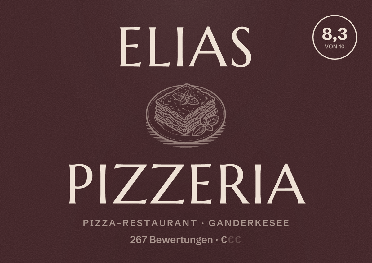 Illustriertes Poster von Elias Pizzeria, Pizza-Restaurant in Ganderkesee: Bewertung 8,3 von 10 aus 267 Bewertungen, Preisniveau €