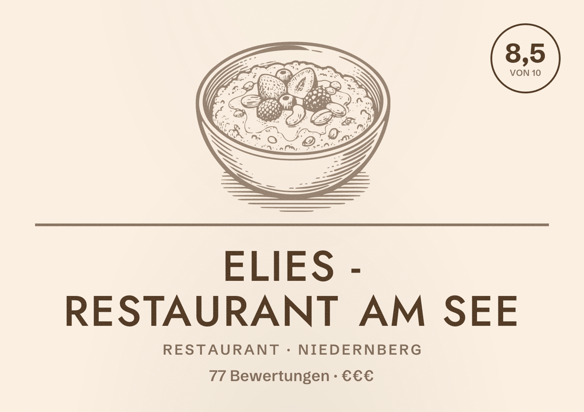 Illustriertes Poster von Elies - Restaurant am See, Restaurant in Niedernberg: Bewertung 8,5 von 10 aus 77 Bewertungen, Preisniveau €€€
