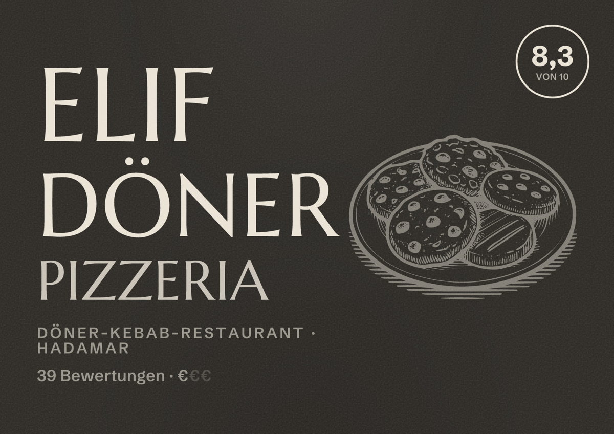 Illustriertes Poster von Elif Döner Pizzeria, Döner-Kebab-Restaurant in Hadamar: Bewertung 8,3 von 10 aus 39 Bewertungen, Preisniveau €