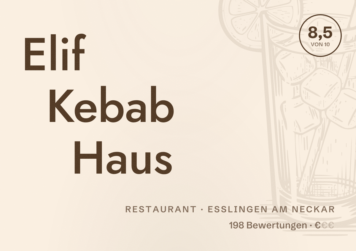 Illustriertes Poster von Elif Kebab Haus, Restaurant in Esslingen am Neckar: Bewertung 8,5 von 10 aus 198 Bewertungen, Preisniveau €