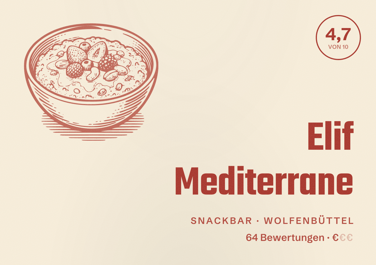 Illustriertes Poster von Elif Mediterrane, Snackbar in Wolfenbüttel: Bewertung 4,7 von 10 aus 64 Bewertungen, Preisniveau €