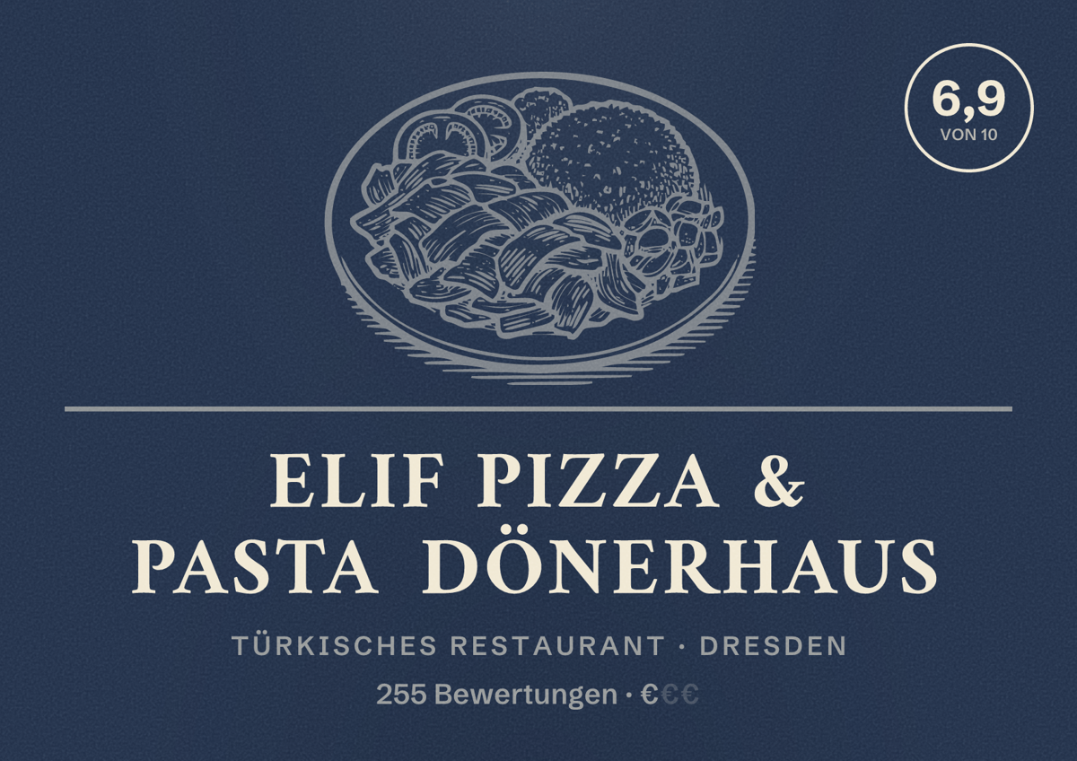 Illustriertes Poster von Elif Pizza & Pasta Dönerhaus, Türkisches Restaurant in Dresden: Bewertung 6,9 von 10 aus 255 Bewertungen, Preisniveau €