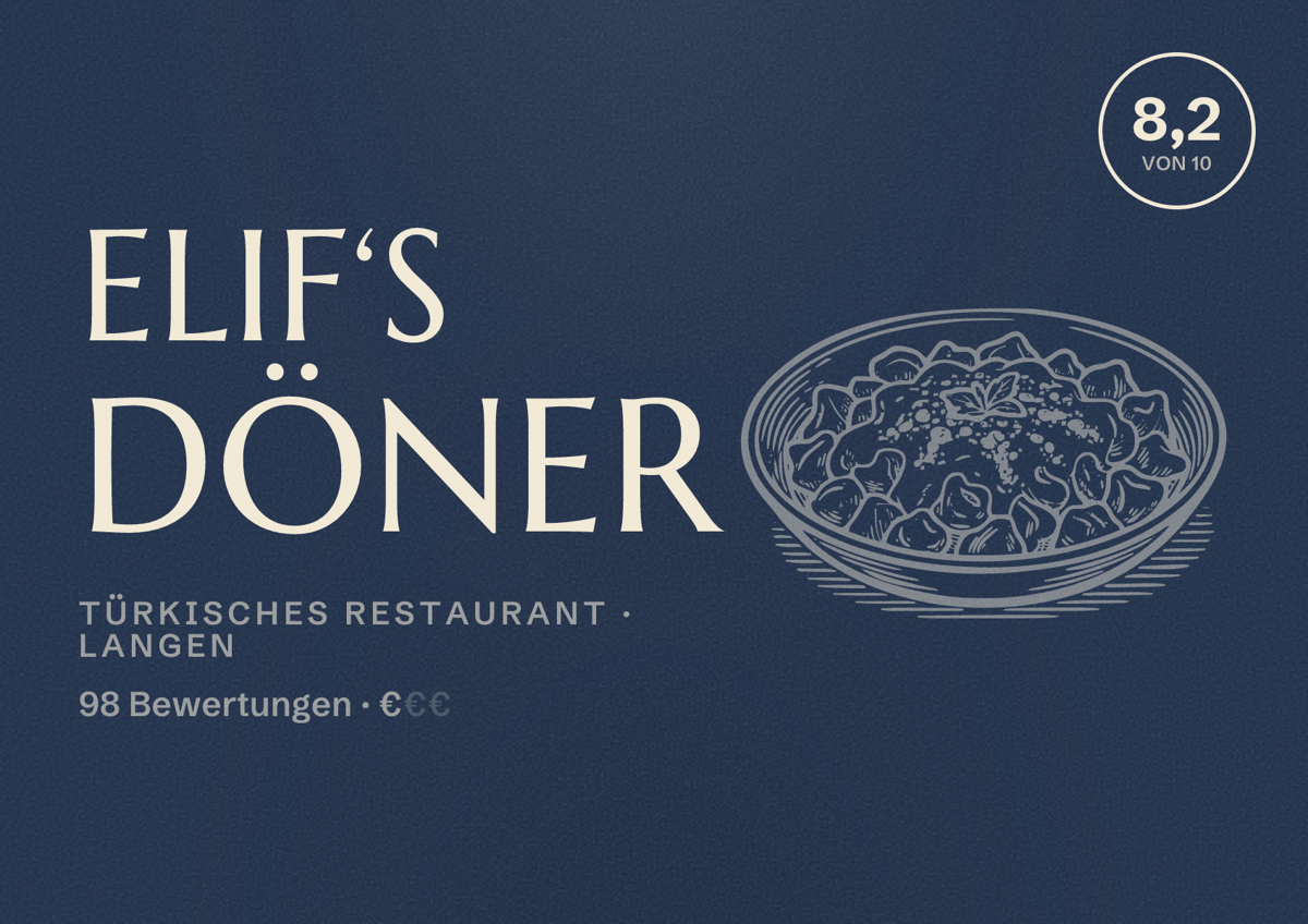 Illustriertes Poster von Elif‘s Döner, Türkisches Restaurant in Langen: Bewertung 8,2 von 10 aus 98 Bewertungen, Preisniveau €