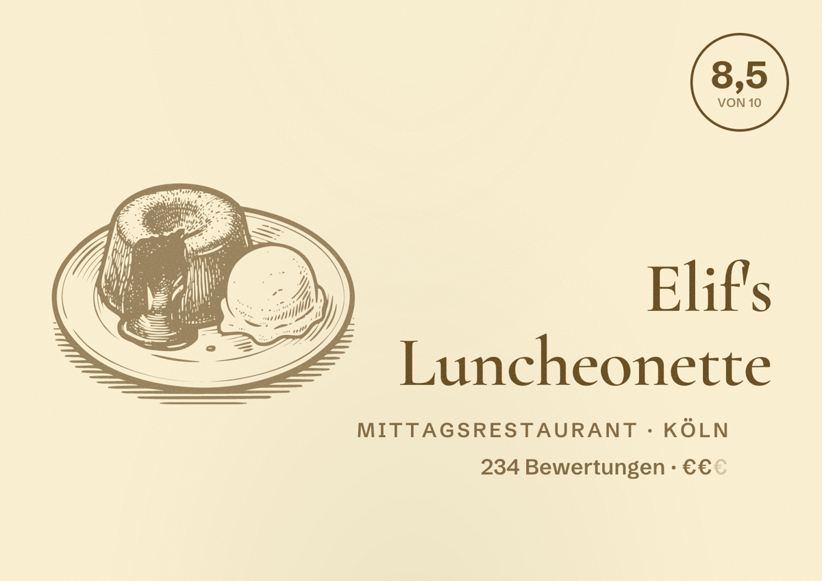 Illustriertes Poster von Elif's Luncheonette, Mittagsrestaurant in Köln: Bewertung 8,5 von 10 aus 234 Bewertungen, Preisniveau €€