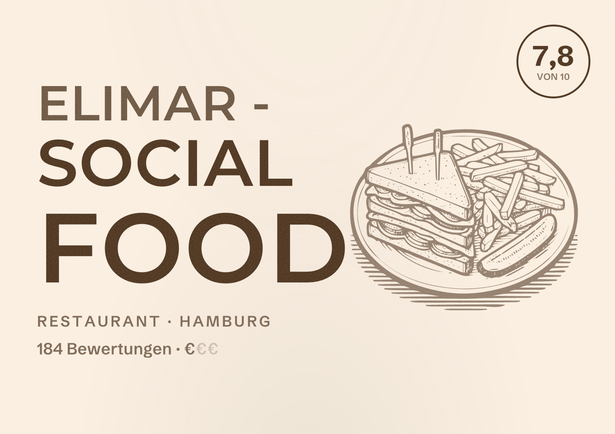 Illustriertes Poster von ELIMAR - Social Food, Restaurant in Hamburg: Bewertung 7,8 von 10 aus 184 Bewertungen, Preisniveau €