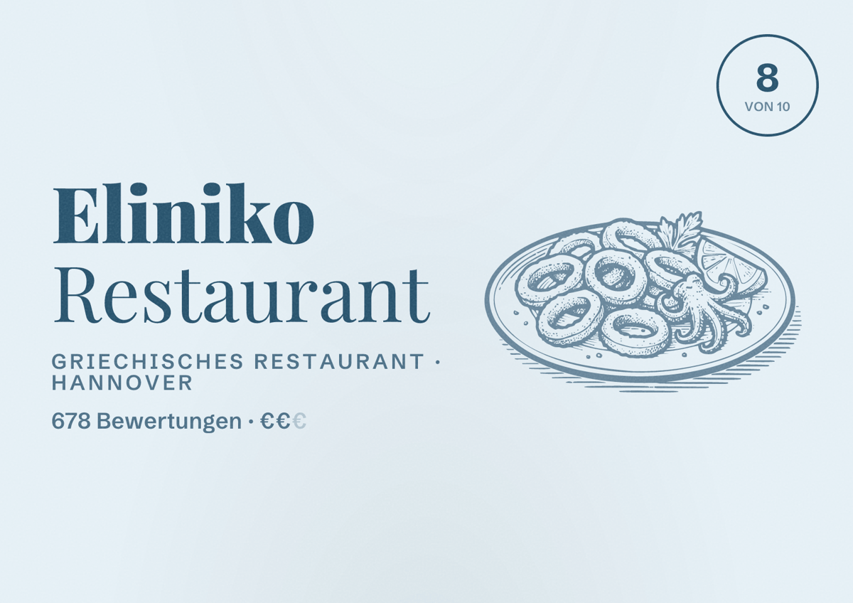 Illustriertes Poster von Eliniko Restaurant, Griechisches Restaurant in Hannover: Bewertung 8,0 von 10 aus 678 Bewertungen, Preisniveau €€