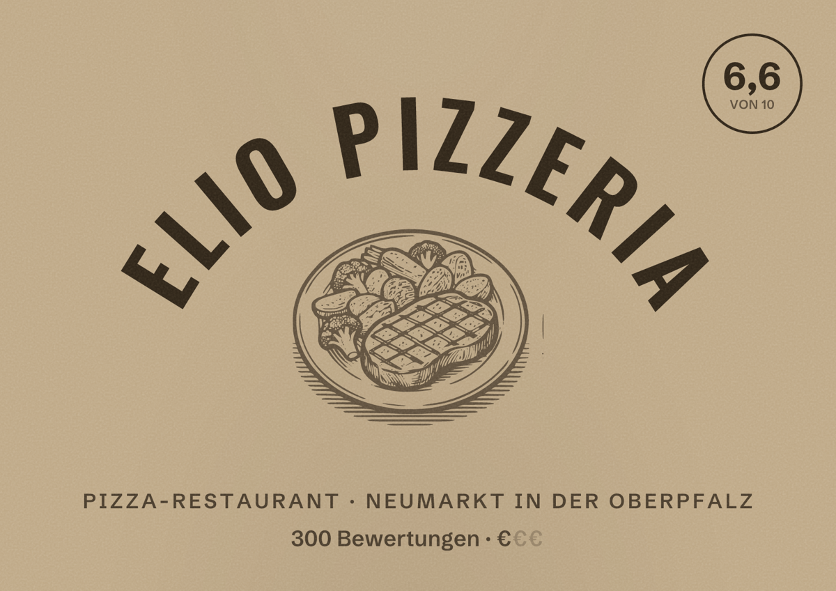 Illustriertes Poster von Elio Pizzeria, Pizza-Restaurant in Neumarkt in der Oberpfalz: Bewertung 6,6 von 10 aus 300 Bewertungen, Preisniveau €