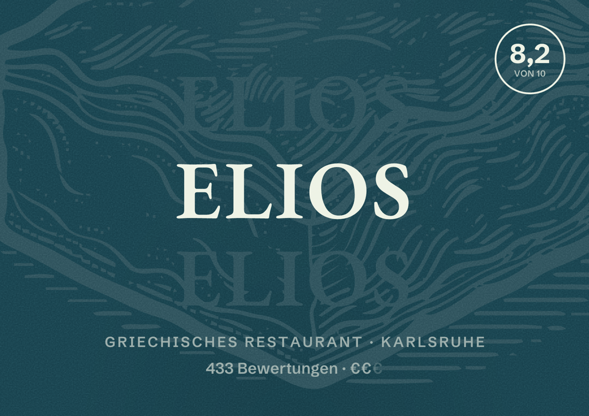Illustriertes Poster von Elios, Griechisches Restaurant in Karlsruhe: Bewertung 8,2 von 10 aus 433 Bewertungen, Preisniveau €€