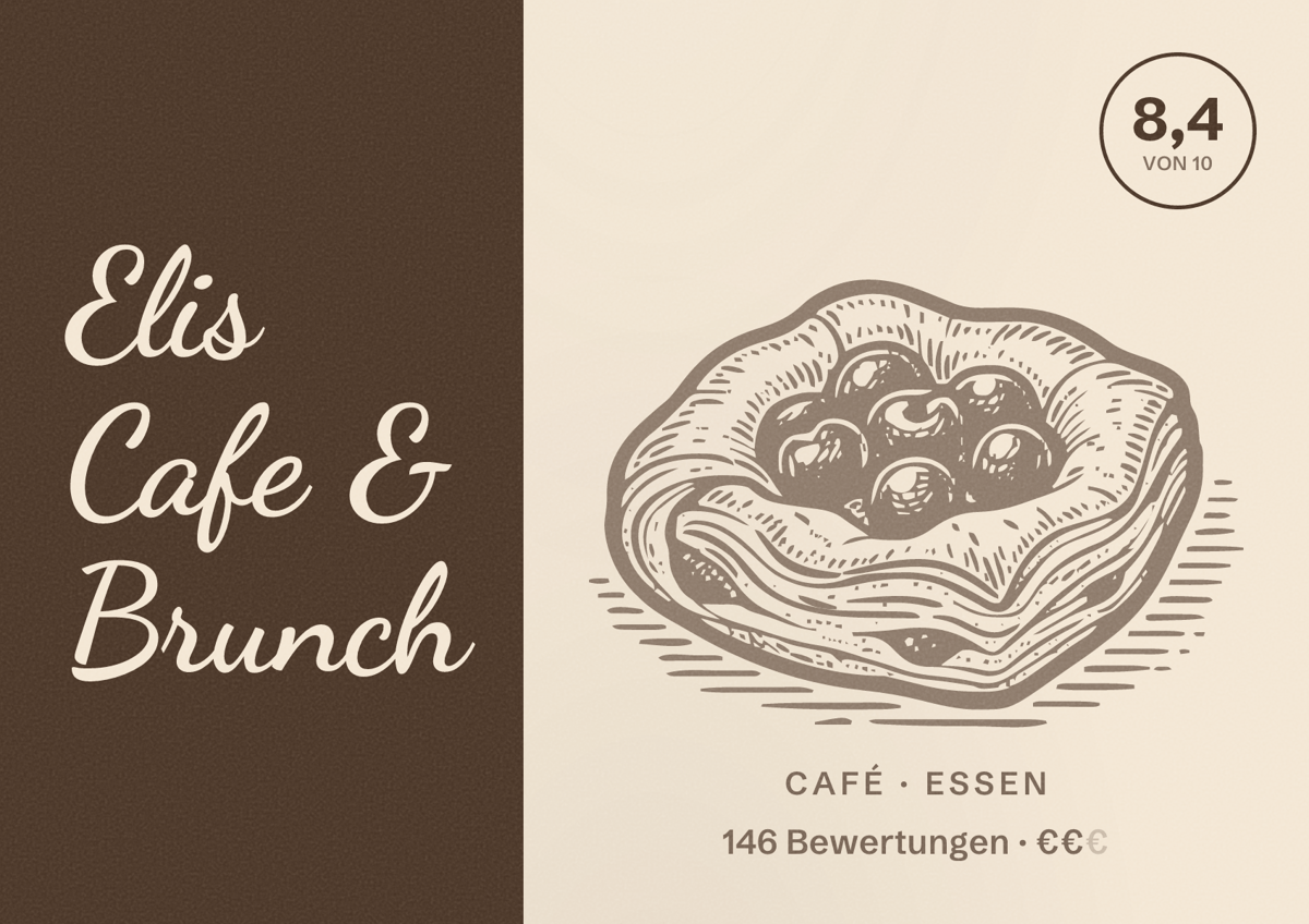 Illustriertes Poster von Elis Cafe & Brunch, Café in Essen: Bewertung 8,4 von 10 aus 146 Bewertungen, Preisniveau €€